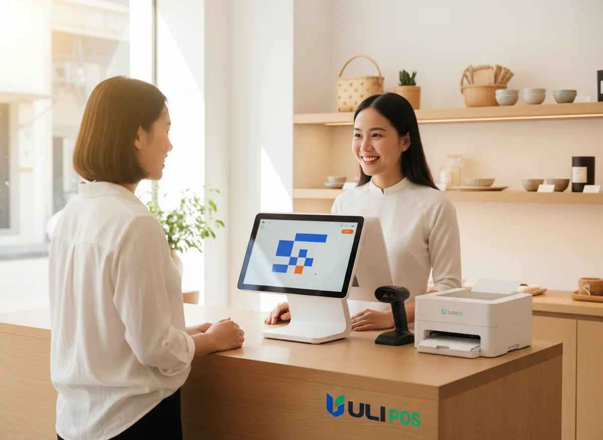Minh họa quầy bán hàng UliPOS trong cửa hàng hiện đại